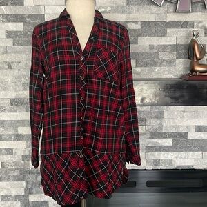 J. Jill Womens Red/Black Plaid Flannel Collared Button Up Tunic Top Sz S